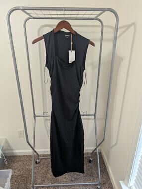 NWT Quince Organic Cotton Jersey Square Neck Ruched Midi Dress Black Size S
